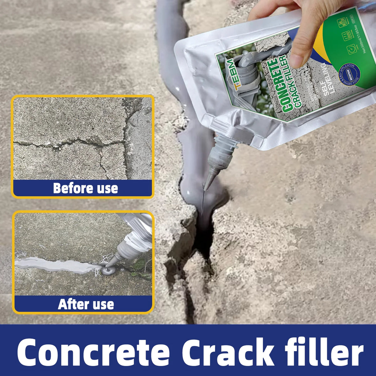 Una mano aplica un relleno de grietas autonivelante para reparar fisuras en una superficie de concreto, mostrando antes y des