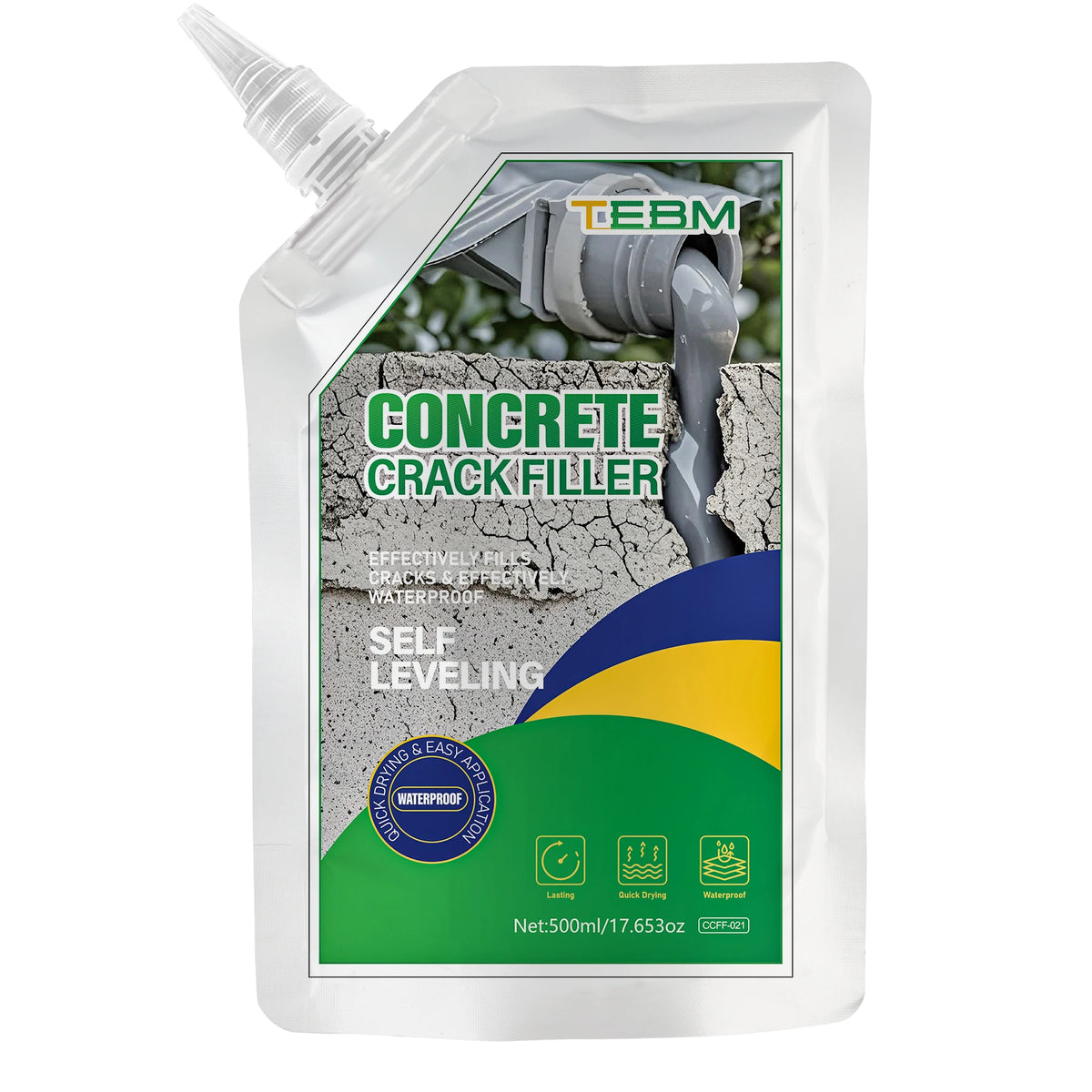 Botella de plástico blanco para relleno de grietas de concreto con boquilla, etiquetada para auto-nivelación y propiedades im