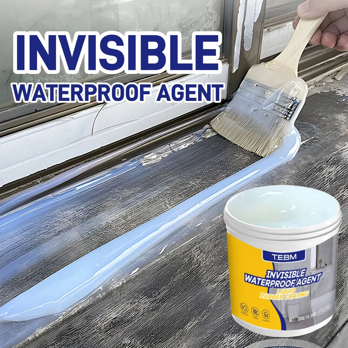 Eine Bürste trägt ein unsichtbares wasserdichtes Siegel auf einen Fensterrahmen, mit der Produktverpackung sichtbar.