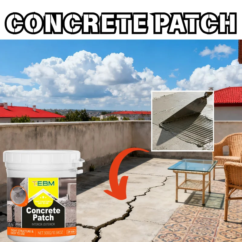 Bag of Concrete Patch powder repair mix for interior and exterior use shown next to a cracked concrete slab.