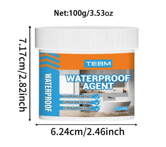 A white jar of TEBM waterproof agent with an orange label showing product details and dimensions.