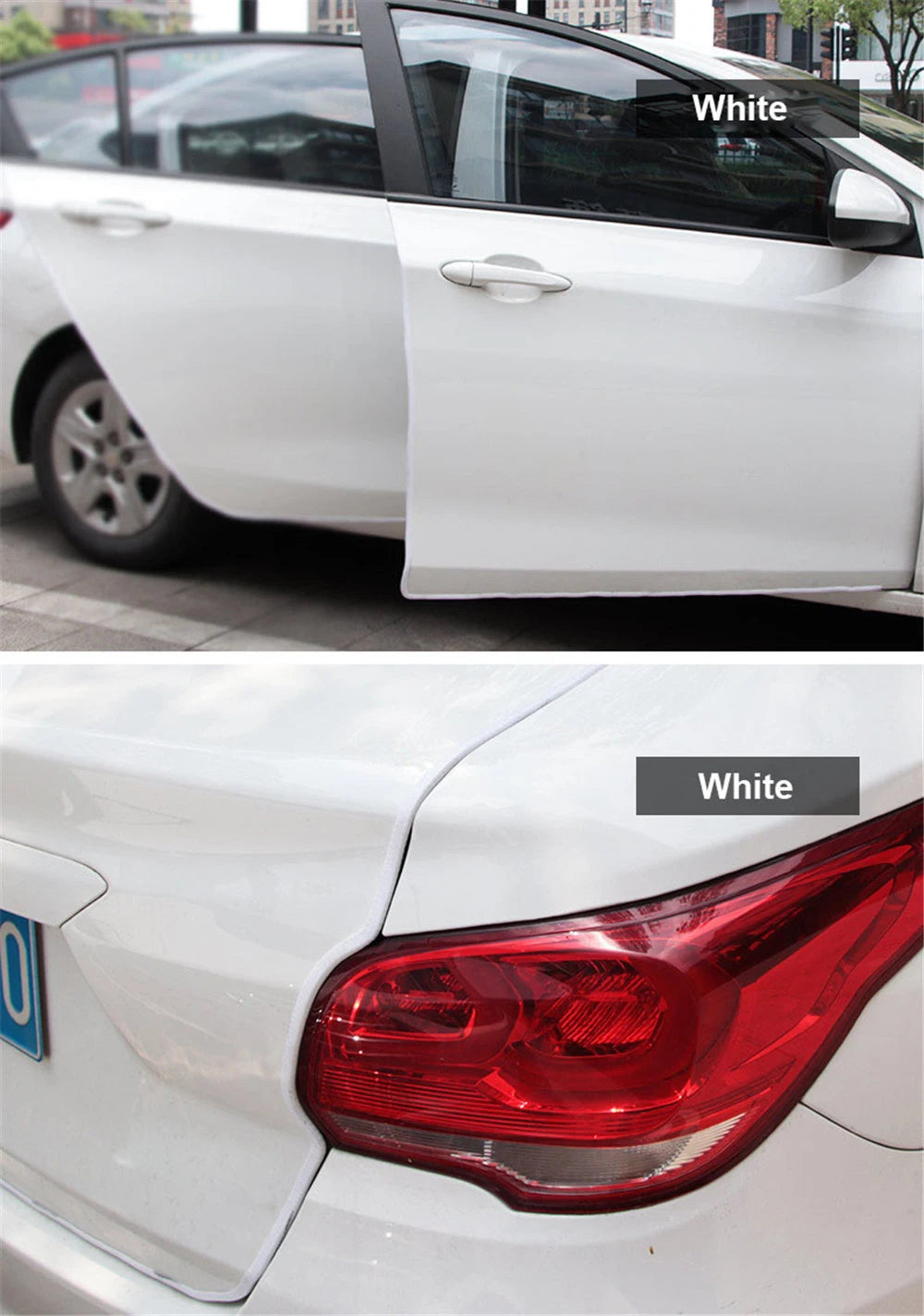 Close-up of a white car door edge protector trim on the side and rear lights.