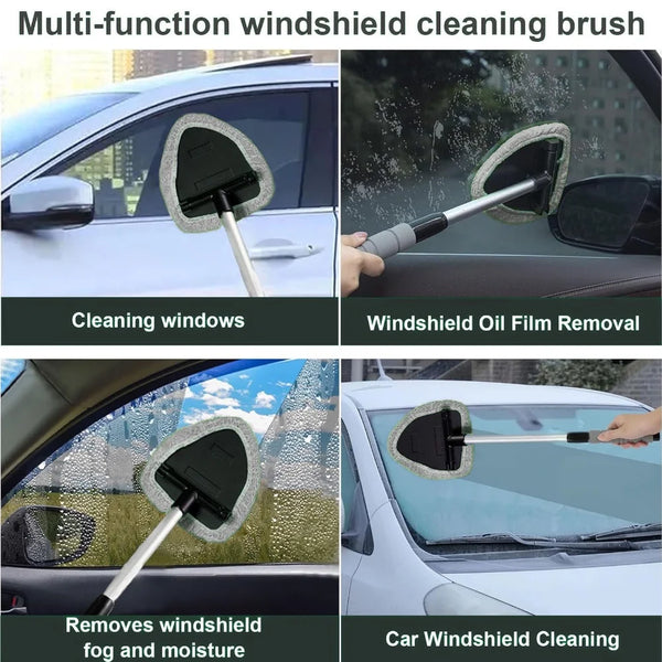 Extendable windshield cleaning brush used for cleaning windows and removing oil film.