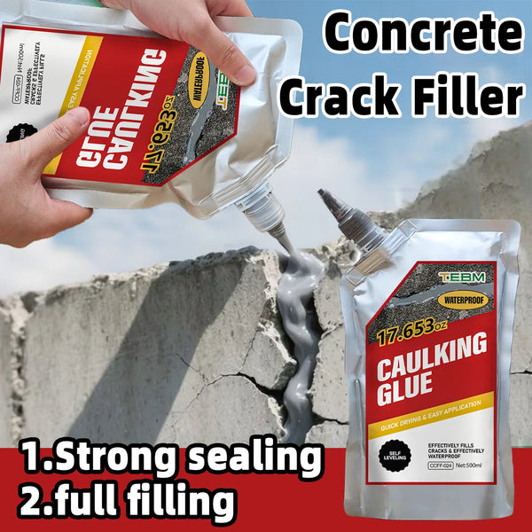 A hand applies a tube of concrete crack filler sealant onto a concrete wall, demonstrating its use for sealing cracks.