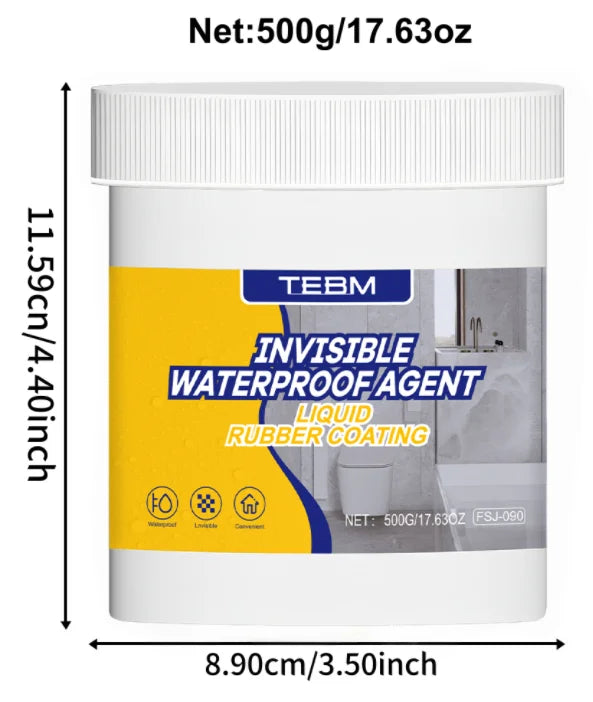 Weiße Dose TEBM unsichtbares wasserdichtes Flüsskgummi-Beschichtung mit gelber Etikett und schwarzem Deckel.