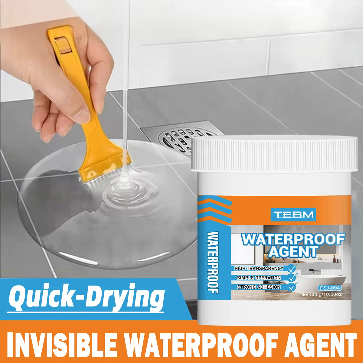 A hand is applying a clear, yellow adhesive sealant to a glass surface for quick-drying waterproof repair.