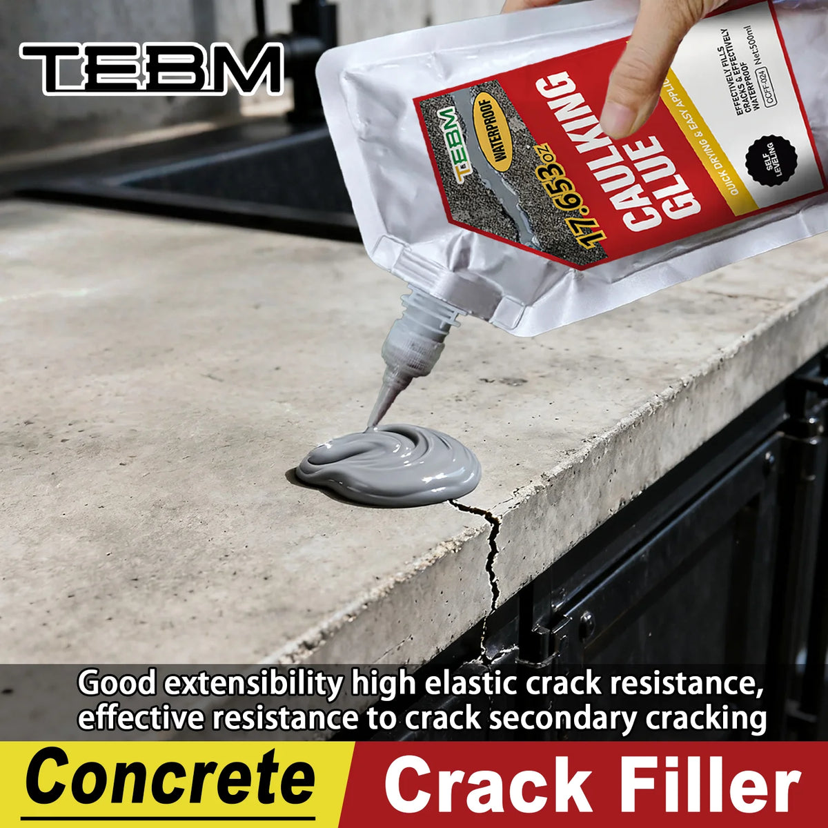 A hand applies a gray concrete crack filler to a concrete surface, demonstrating its extensibility and crack resistance.