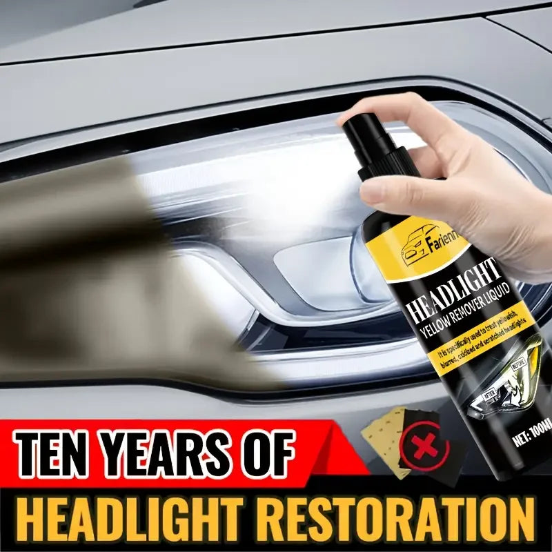A hand is applying yellow headlight restoration liquid to a car's headlight lens.