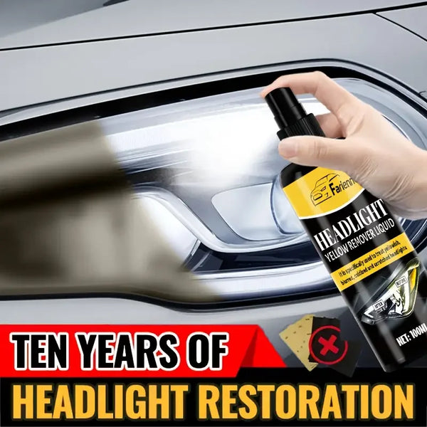 A hand is applying yellow headlight restoration liquid to a car's headlight lens.