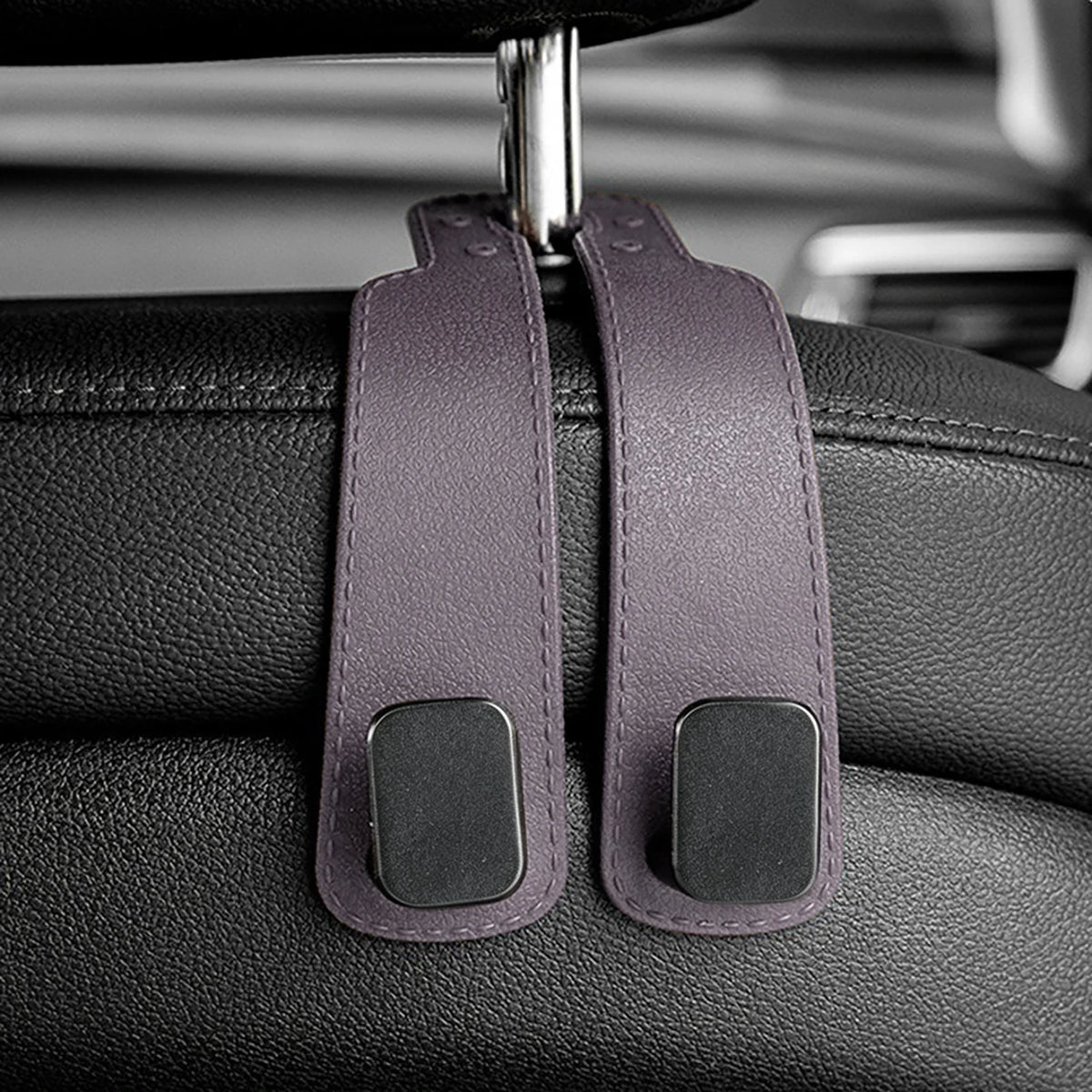 Purple car seat headrest hooks with black grips for vehicle organization