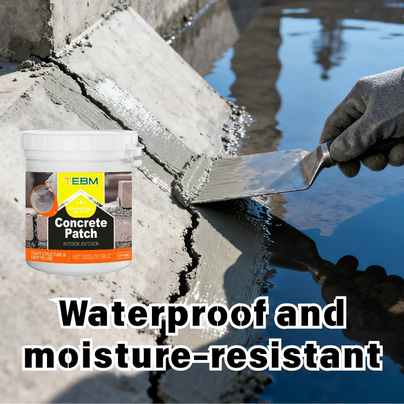 A hand applies a gray concrete patch mix to a concrete surface for waterproofing and moisture resistance.