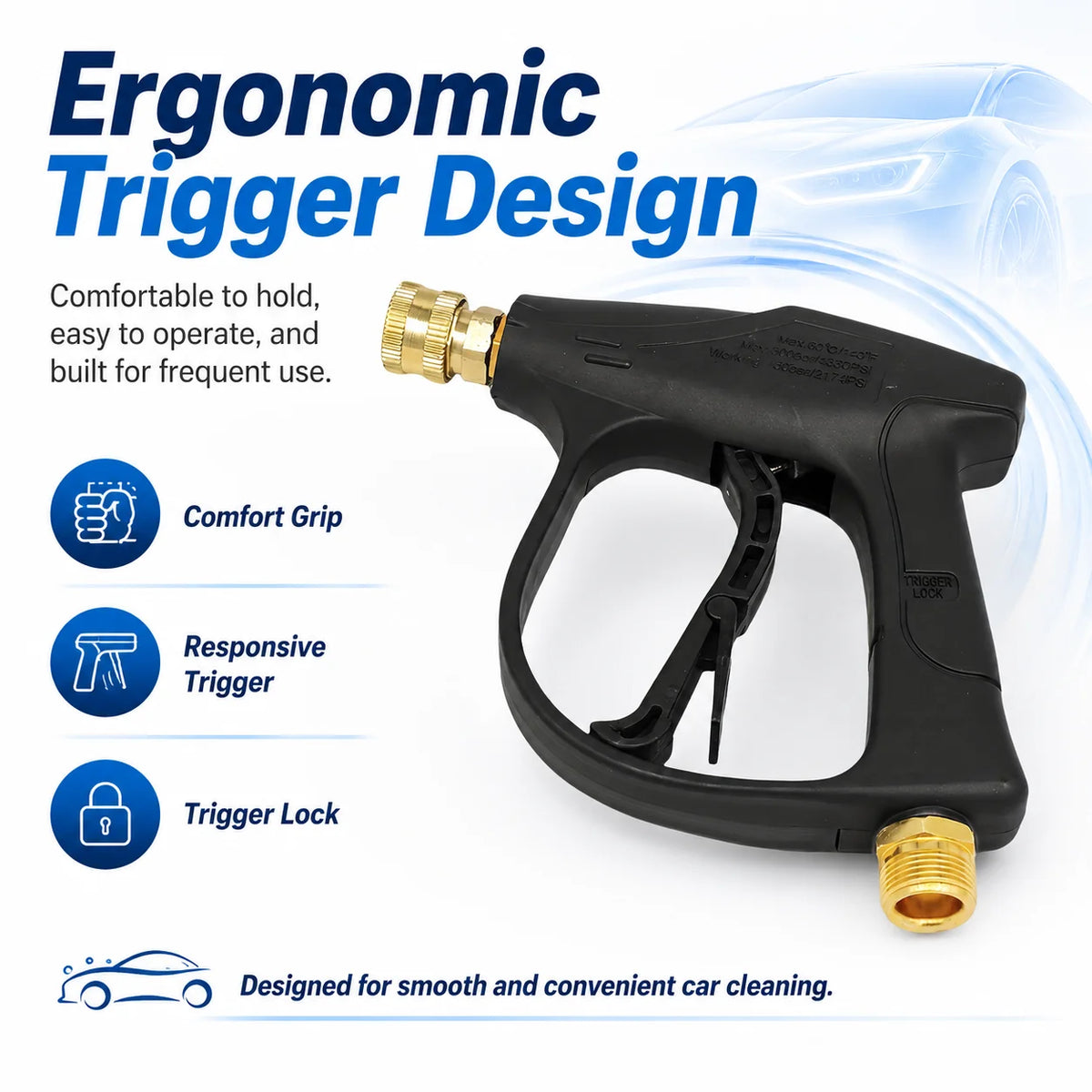 Black ergonomic trigger design high-pressure manual car washing water gun with a gold nozzle.
