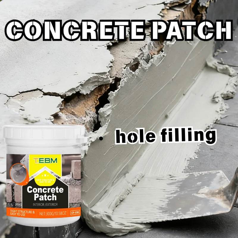 A container of Concrete Patch powder repair mix for hole filling shown next to a cracked concrete surface.
