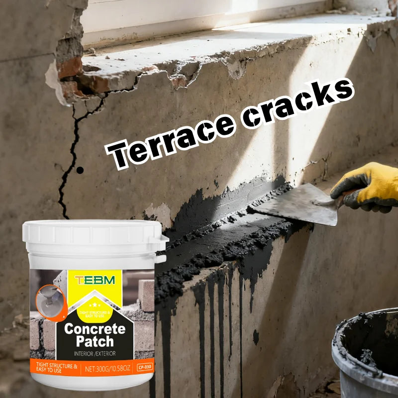 A container of TEBM Concrete Patch powder repair mix is shown near terrace cracks in a wall.