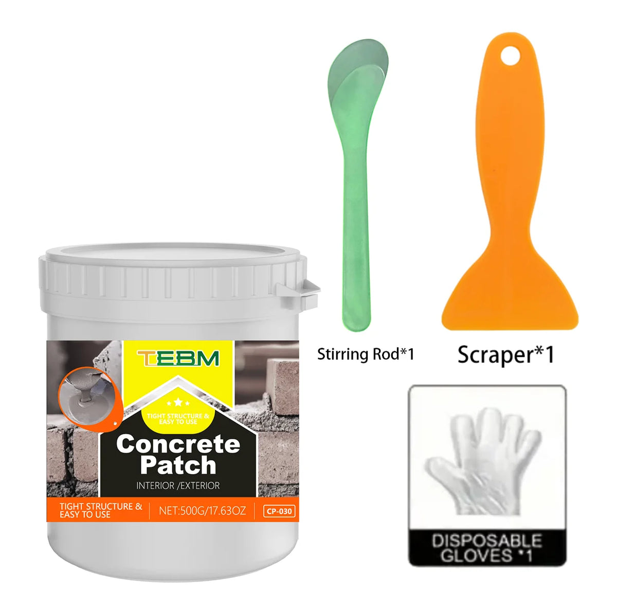 A set of concrete patch repair tools including a stirring rod, scraper, and disposable gloves in various colors.