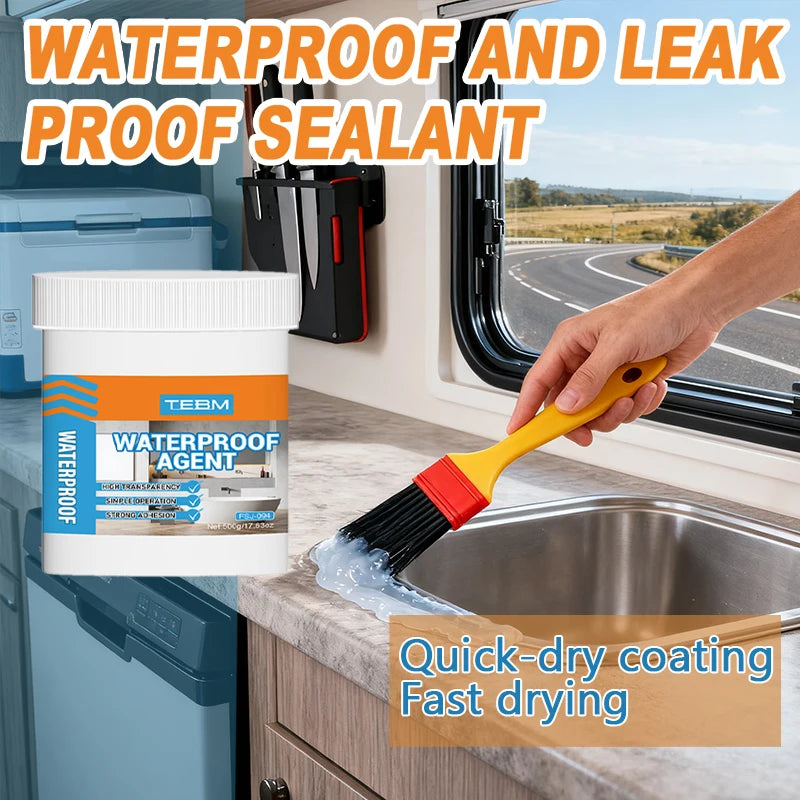 A hand applies waterproof and leak proof sealant to a window frame using a yellow brush.