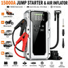 A silver jump starter and air inflator device with various cables and accessories shown on a white background.