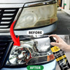 Before and after comparison of car headlight restoration solution on a vehicle's headlight.