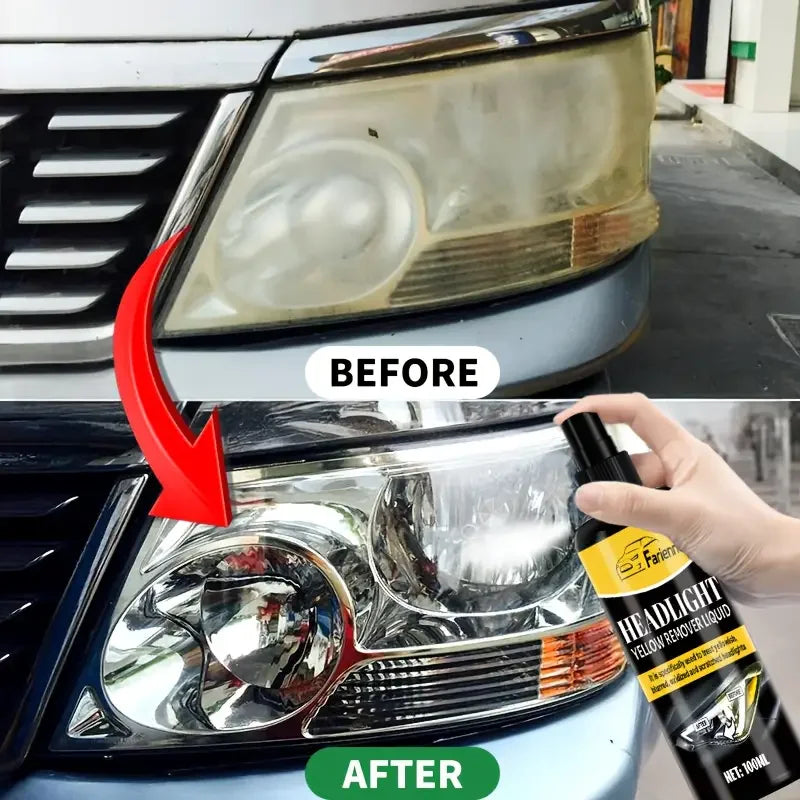 Before and after comparison of car headlight restoration solution on a vehicle's headlight.