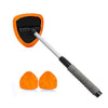 An extendable windshield cleaner tool with an orange microfiber pad and a gray handle.