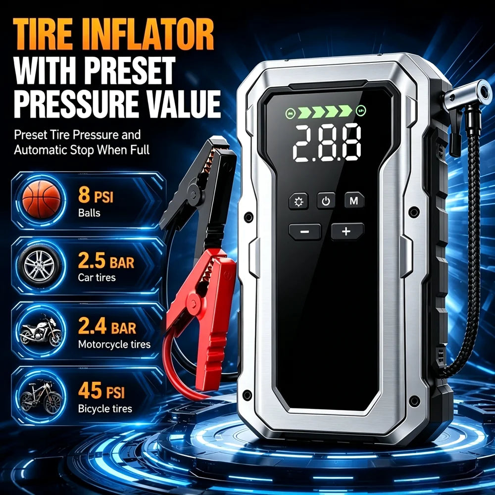 A silver tire inflator with a digital display showing 2.88 PSI and various preset pressure options is shown on a blue backgro