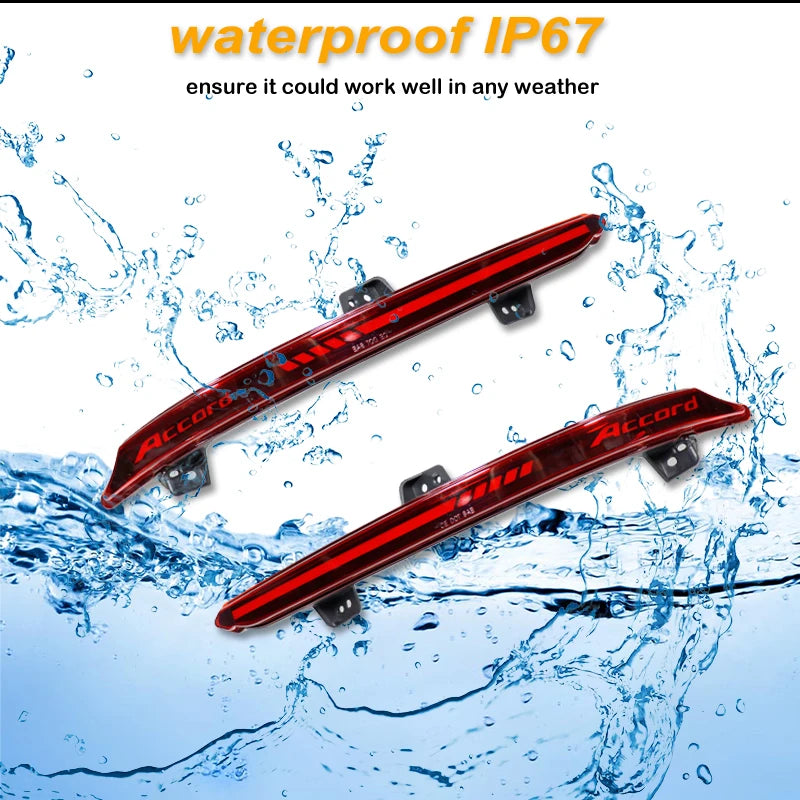 Red LED bumper reflector lights for Honda Accord shown being tested in water.