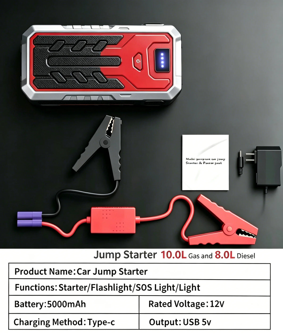 Rotes und silbernes tragbares Auto-Jumpstartergerät mit Taschenlampe und separatem orangefarbenem Schlüsselwerkzeug vor dunkl