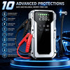 A silver jump starter device with various protection features is displayed on a blue illuminated platform.
