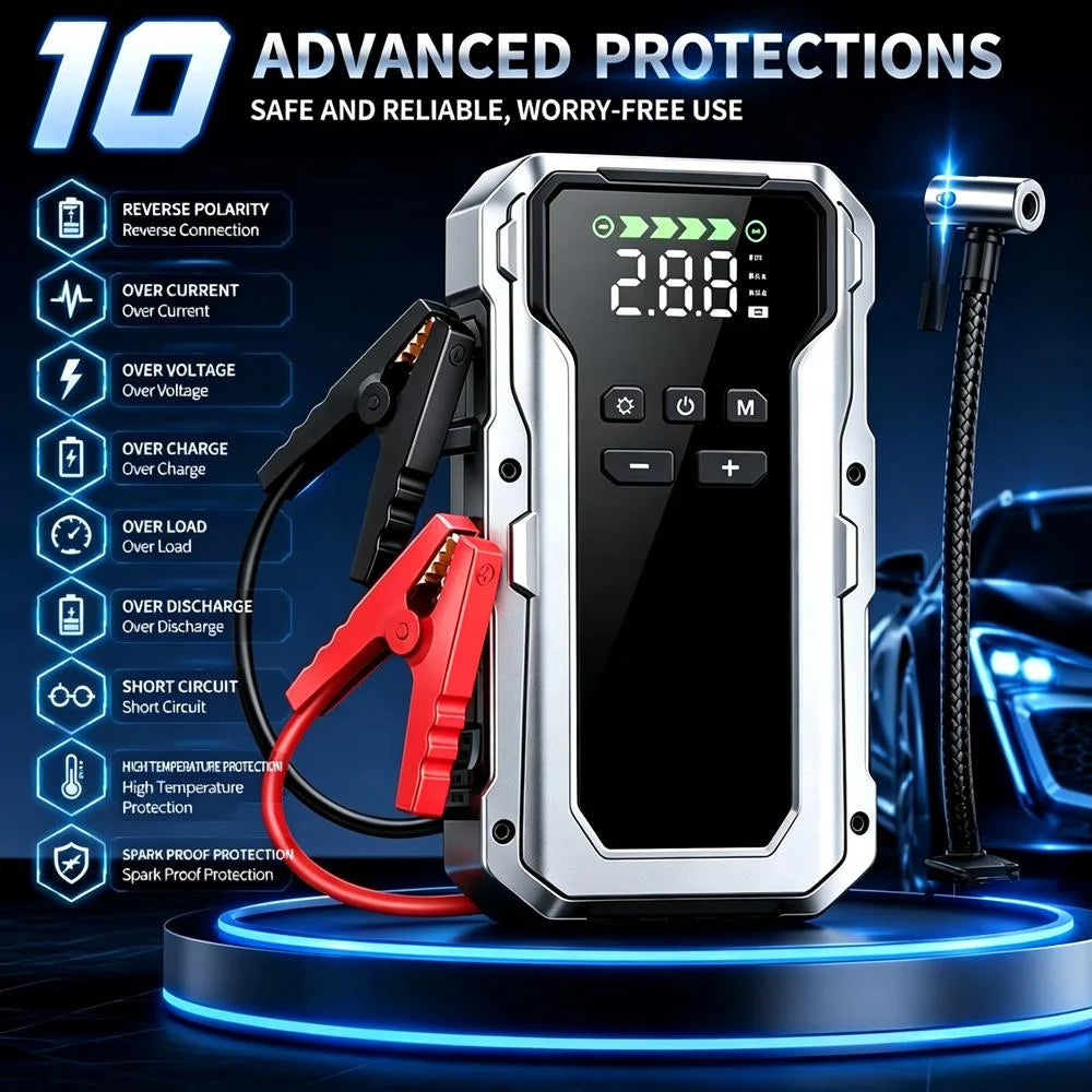 A silver jump starter device with various protection features is displayed on a blue illuminated platform.