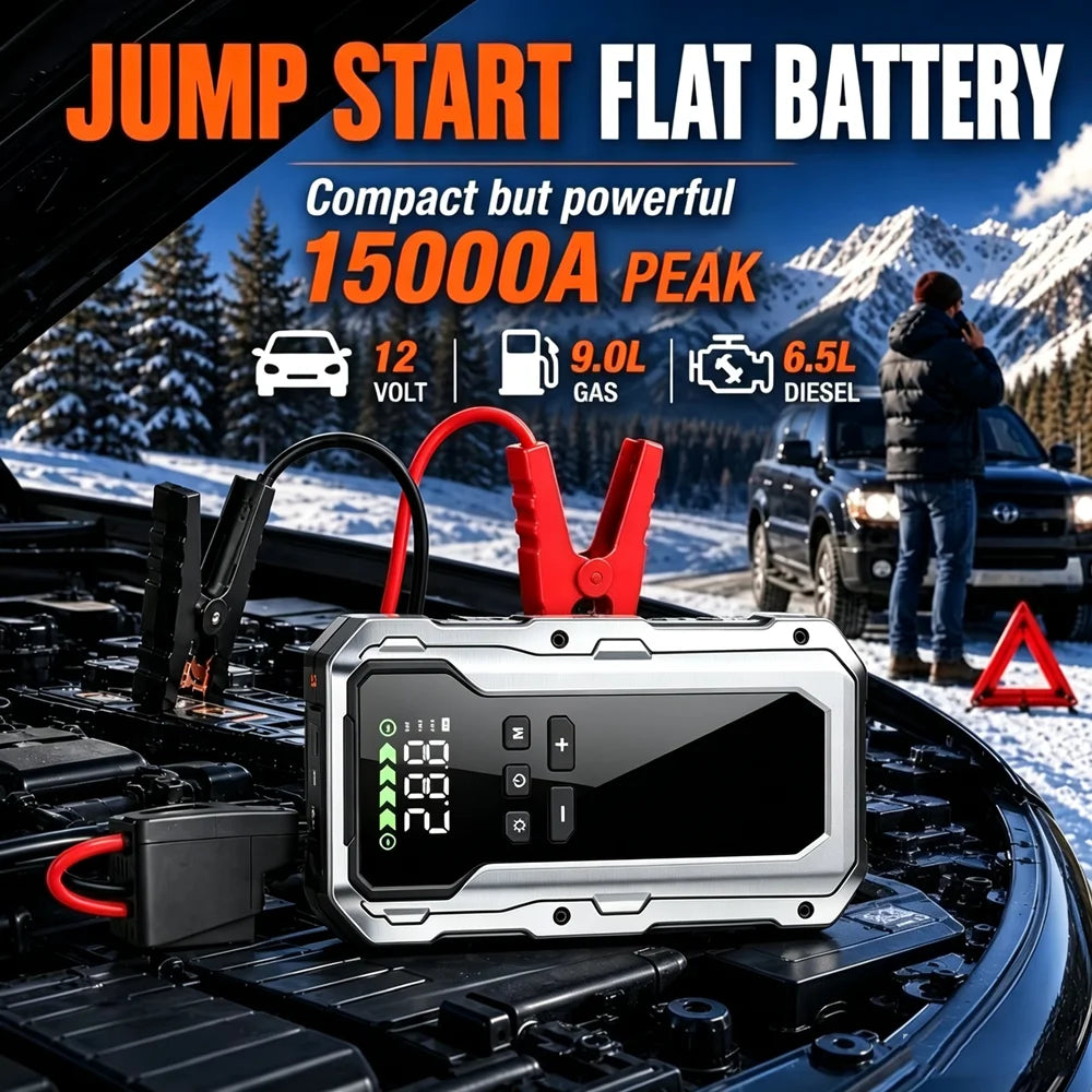 A silver jump start flat battery is shown on a vehicle's electrical panel with a snowy outdoor background.