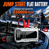 A silver jump start flat battery is shown on a vehicle's engine compartment with a snowy, outdoor background.