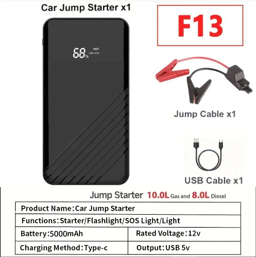 Schwarzer tragbarer Autostarter mit F13-Modell, inklusive Kabel und USB-Kabel.