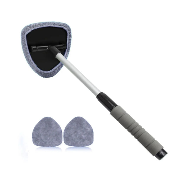 Extendable windshield cleaner with a gray microfiber pad and handle shown against a white background.