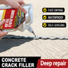 A hand applies a gray concrete crack filler to a surface, demonstrating its fast drying, waterproof, and self-leveling proper