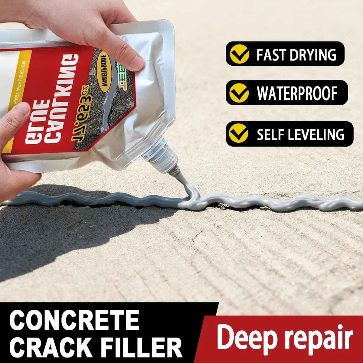 A hand applies a gray concrete crack filler to a surface, demonstrating its fast drying, waterproof, and self-leveling proper