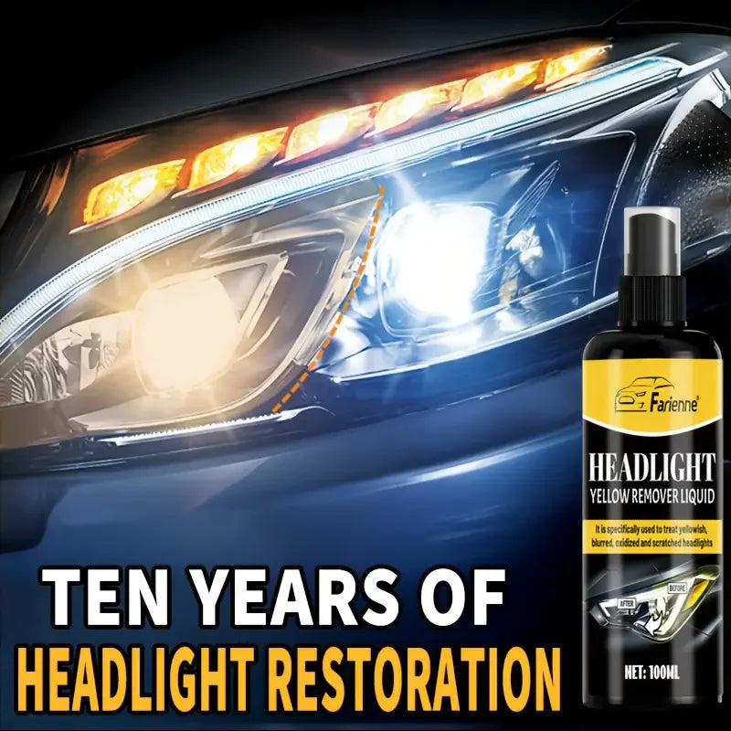 Bottle of Fairienne headlight yellow remover liquid with a car headlight in the background