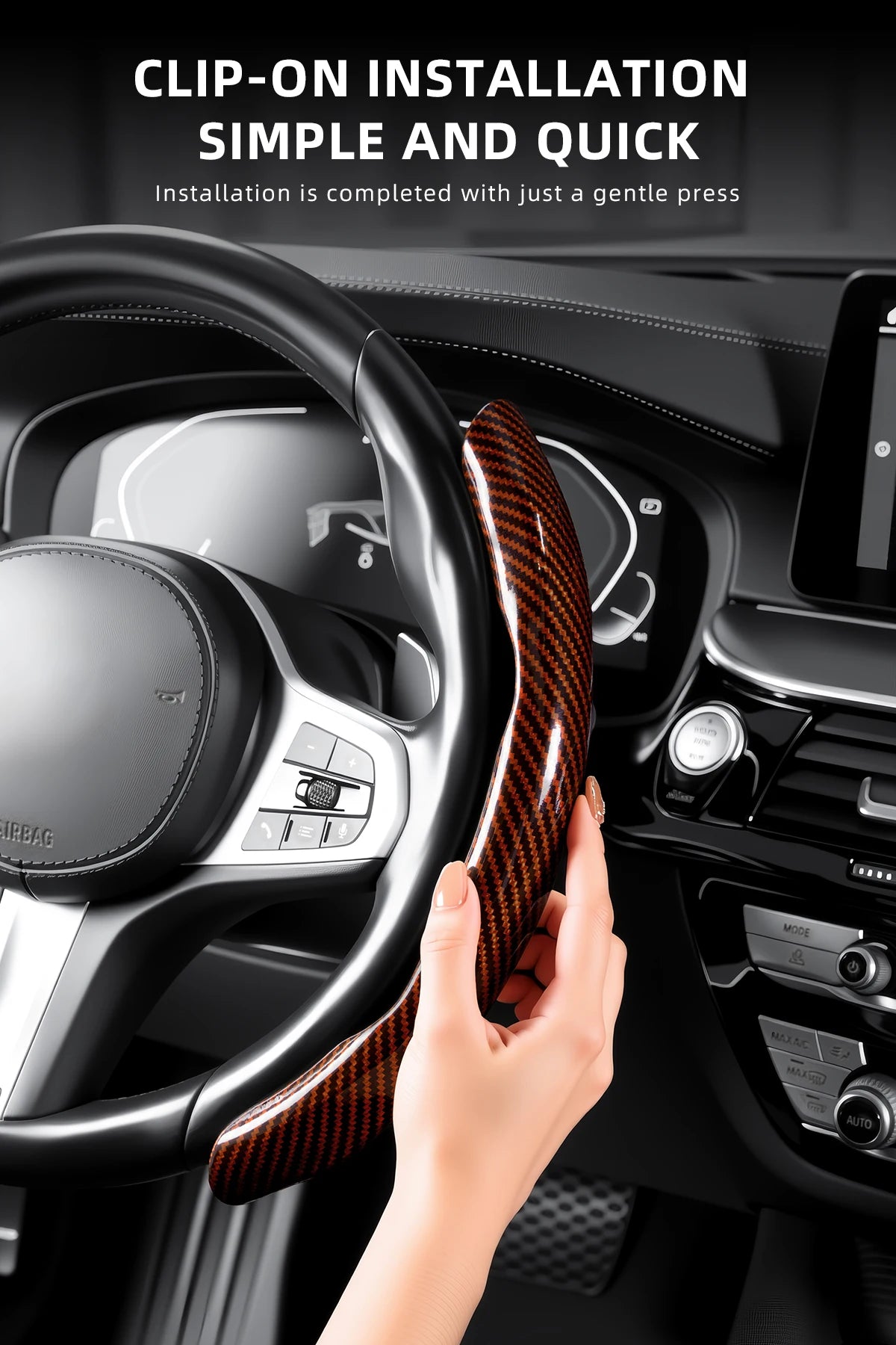 A hand is gently pressing a clip-on installation of a sporty carbon fiber steering wheel cover onto a car steering wheel.