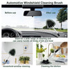 An automotive windshield cleaning brush shown before and after use, demonstrating its effectiveness for household window clea