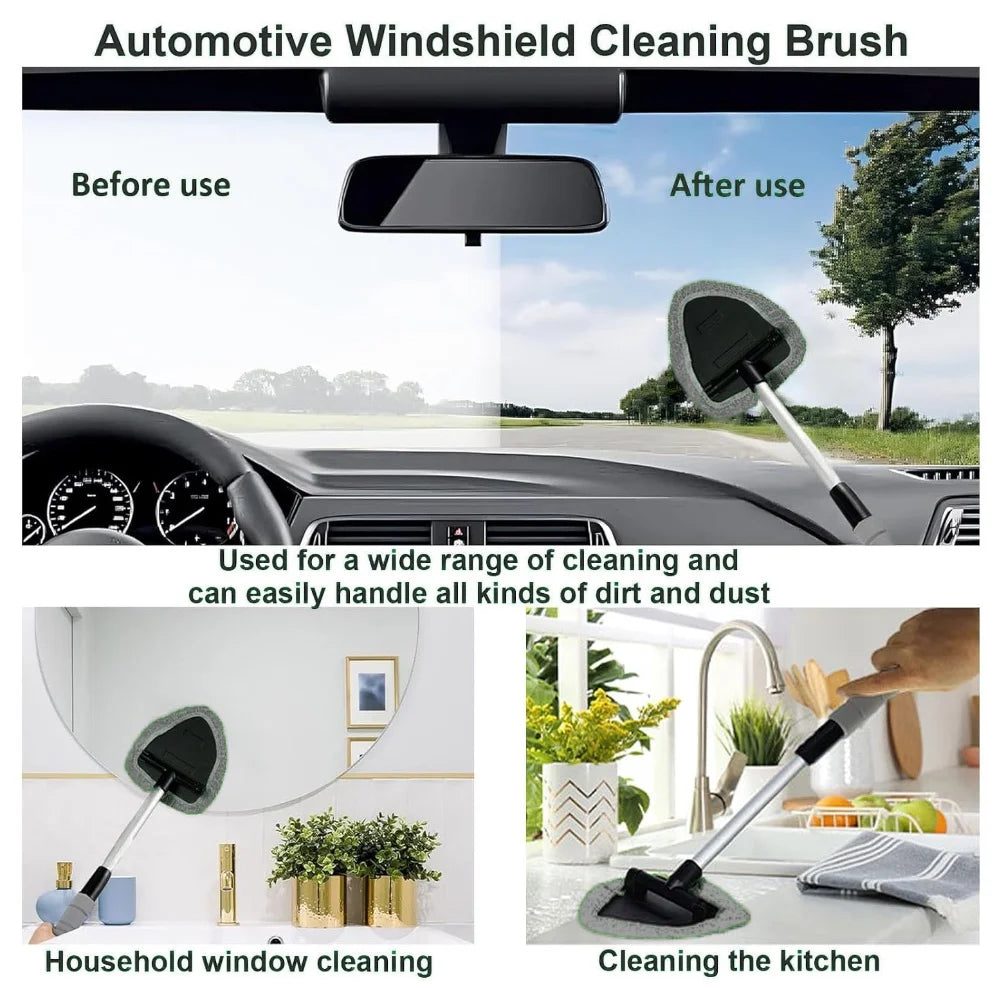 An automotive windshield cleaning brush shown before and after use, demonstrating its effectiveness for household window clea
