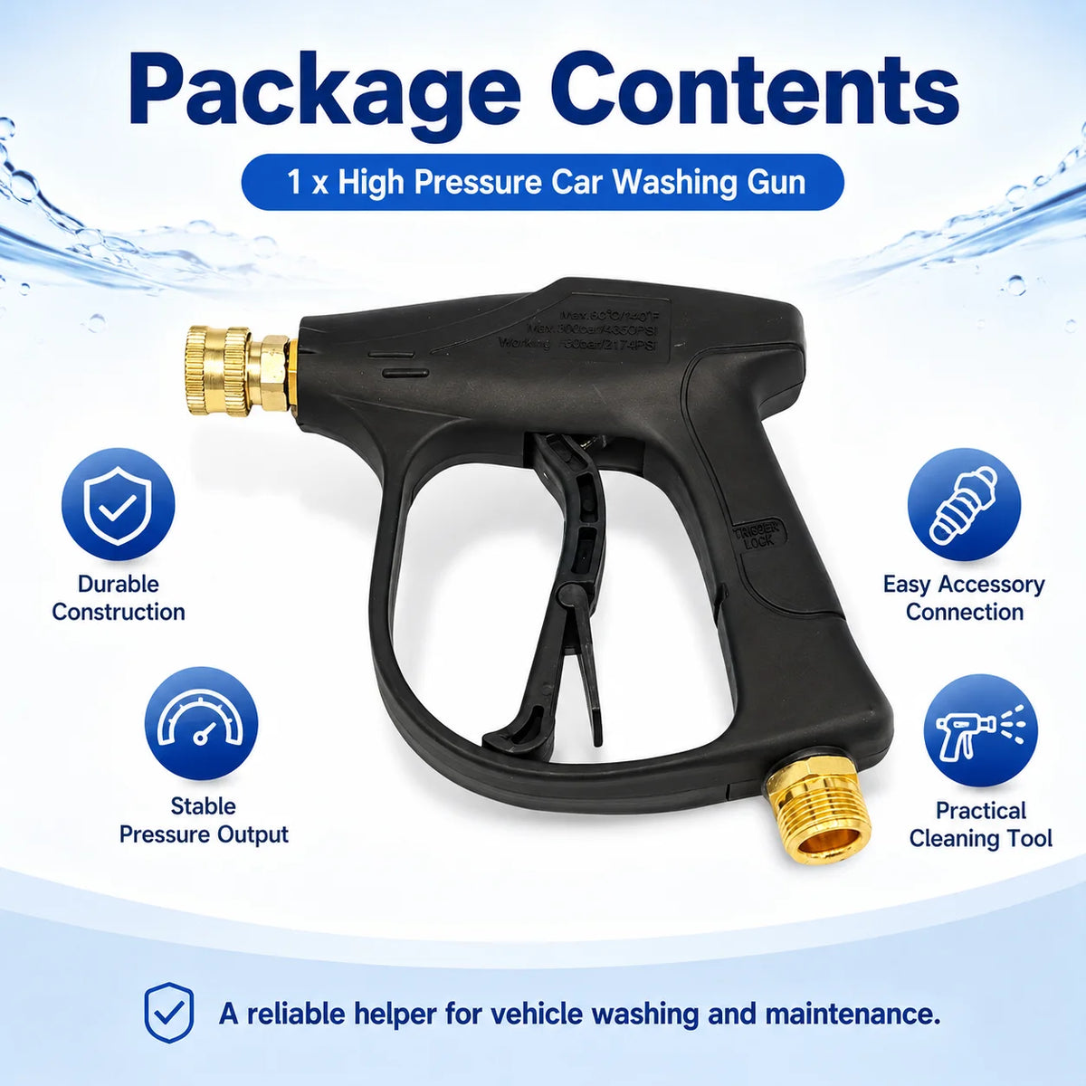 A black high pressure car washing gun is shown with accessories and a cleaning tool.