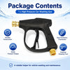 A black high pressure car washing gun is shown with accessories and a cleaning tool.