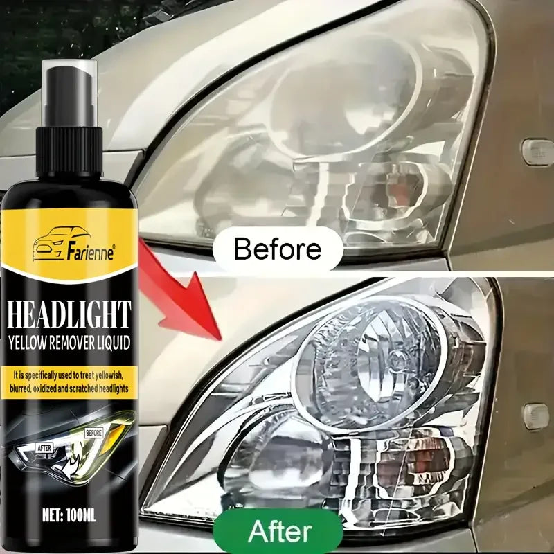 Before and after comparison of a car headlight restoration liquid on a vehicle's headlight.