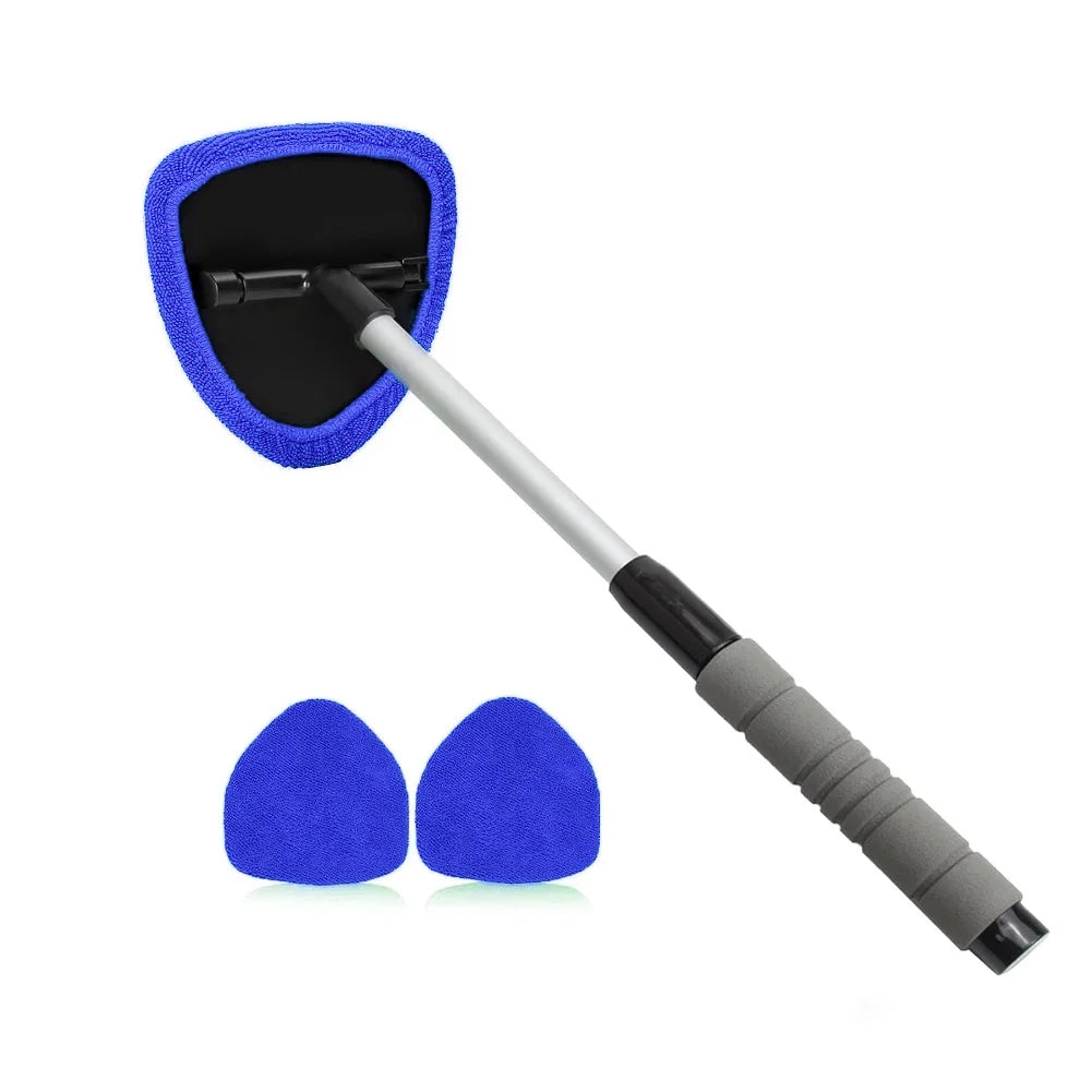Extendable windshield cleaner with a white handle and blue microfiber pads for cleaning glass.