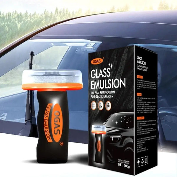 Box of OGAS Glass Emulsion oil film purification for glass surfaces next to a car window.