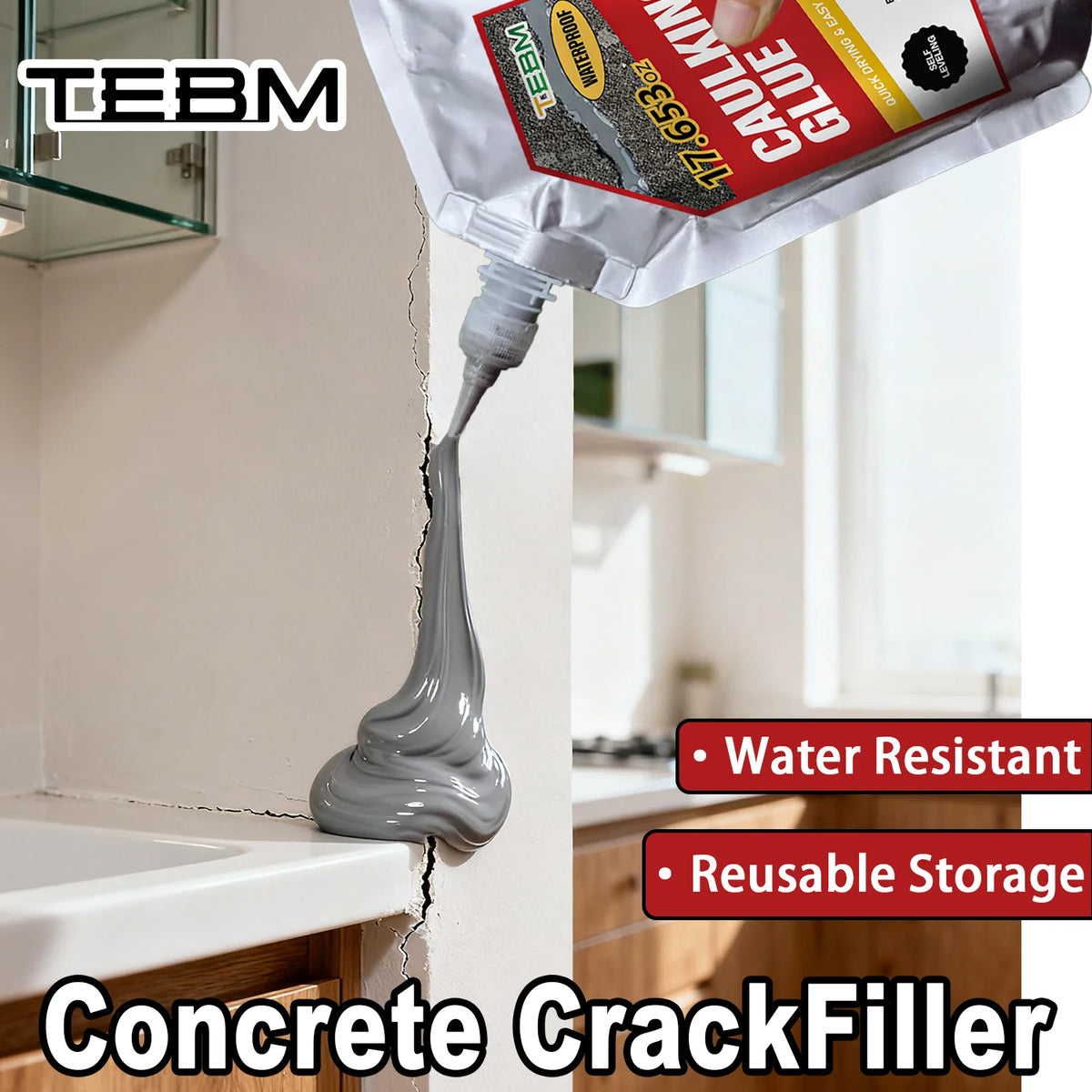 A white bottle of concrete crack filler being applied to a wall surface, demonstrating its use for sealing cracks.