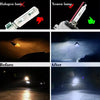 Comparison showing a halogen lamp versus a xenon lamp, and before and after images of car headlights.