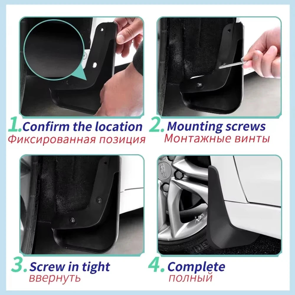 Installation guide showing steps for mounting durable mud flaps on a vehicle.