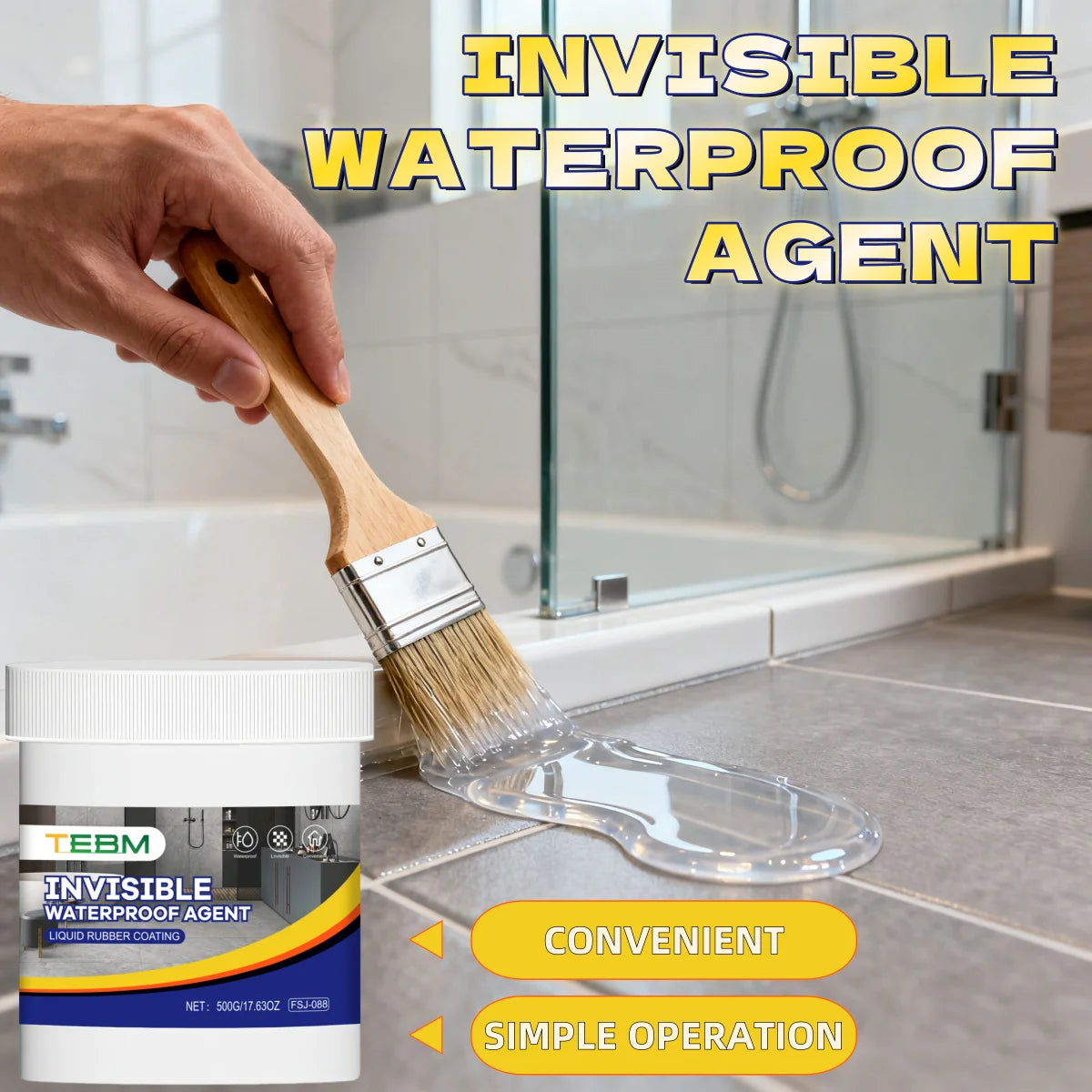 Eine Hand trägt ein wasserabweisendes Flüss 고무-Beschichtungsmittel auf eine Glas-Duschkabine auf.