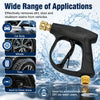 A black high-pressure manual water gun is shown spraying water onto various car parts like the body, wheels, tires, and hard-