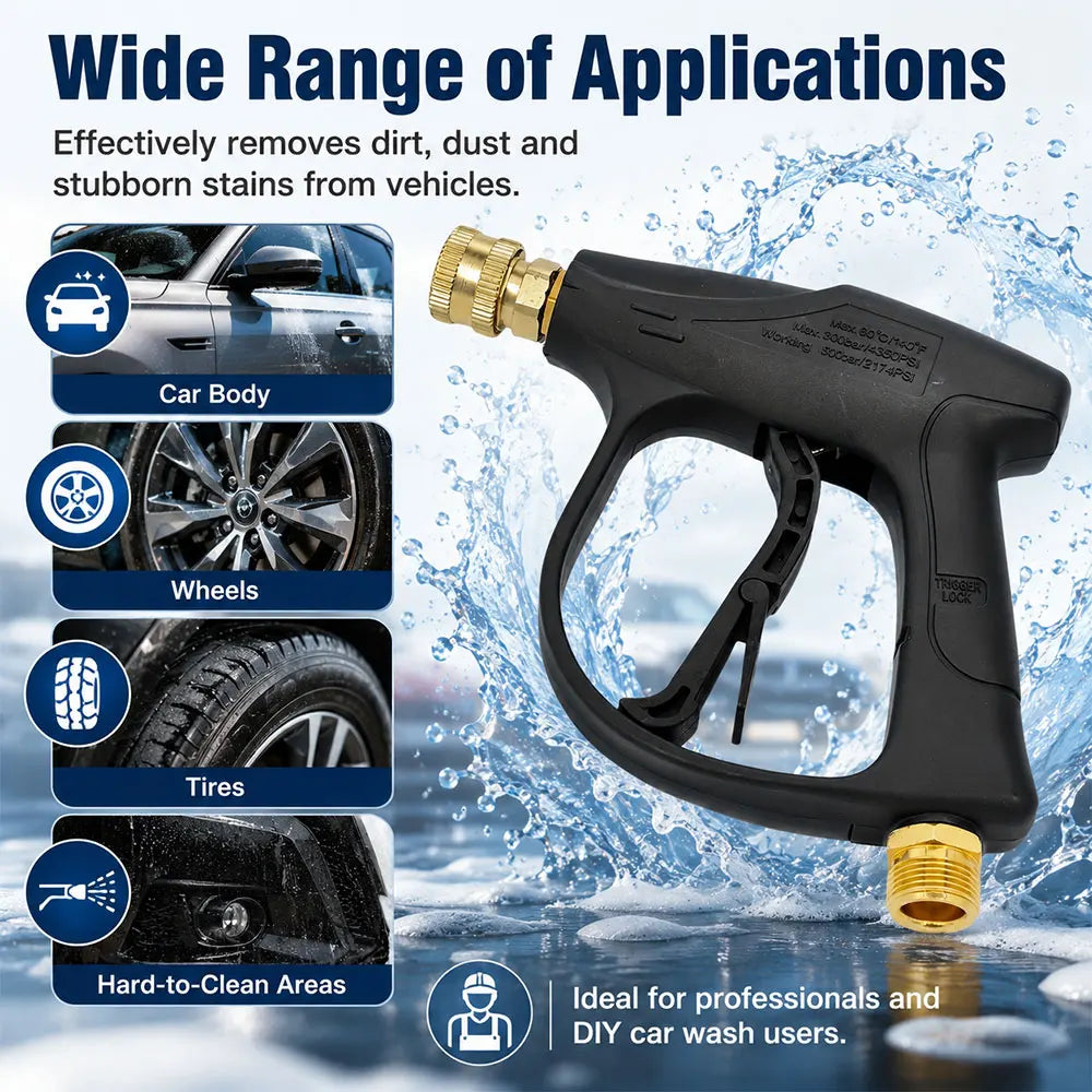 A black high-pressure manual water gun is shown spraying water onto various car parts like the body, wheels, and tires.